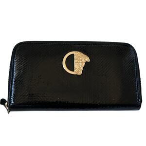 Authentic VERSACE Gold Half Medusa Logo Black Leather Long Zip Around Wallet